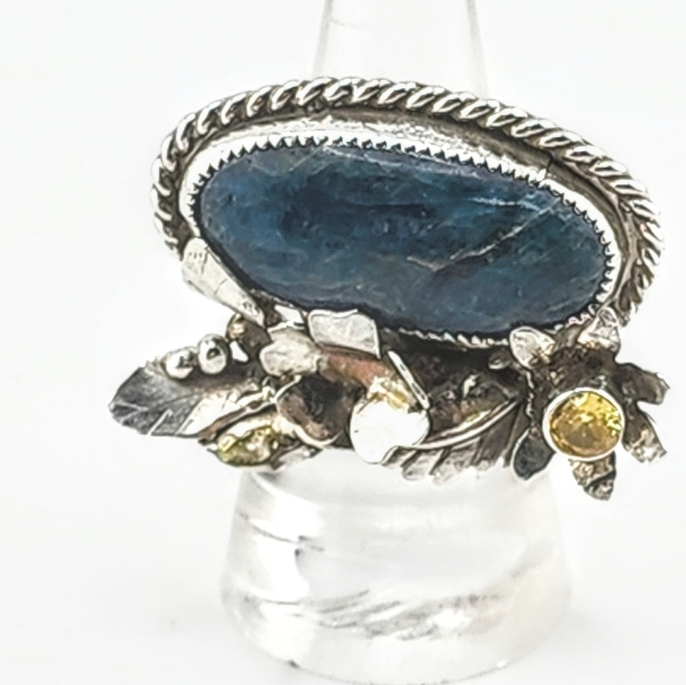Blue Apatite & Citrine Floral Ring Handmade In Recycle Sterling Silver Sz 8